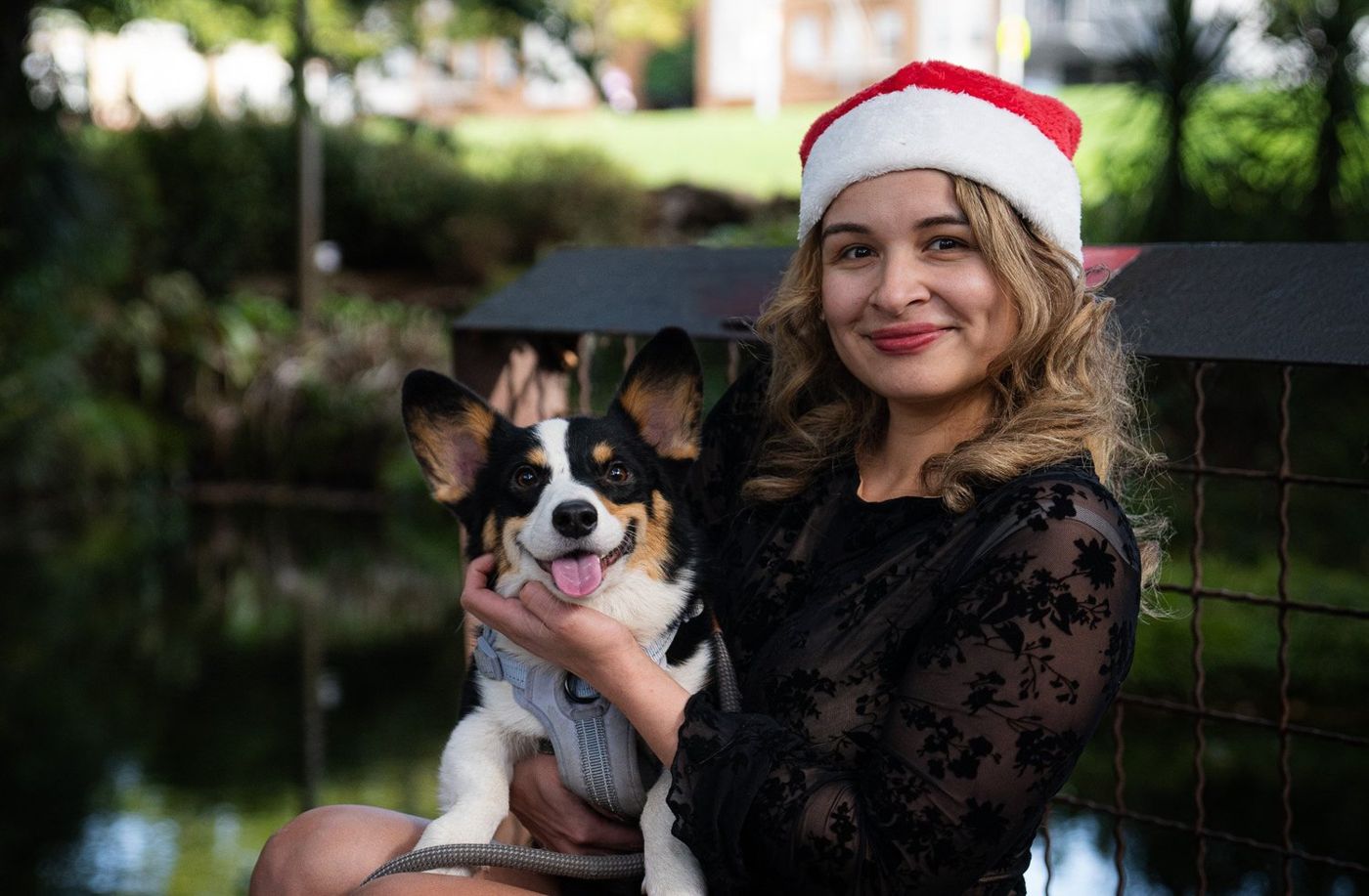 Portrait of a woman in a Santa hat holding one of her corgis