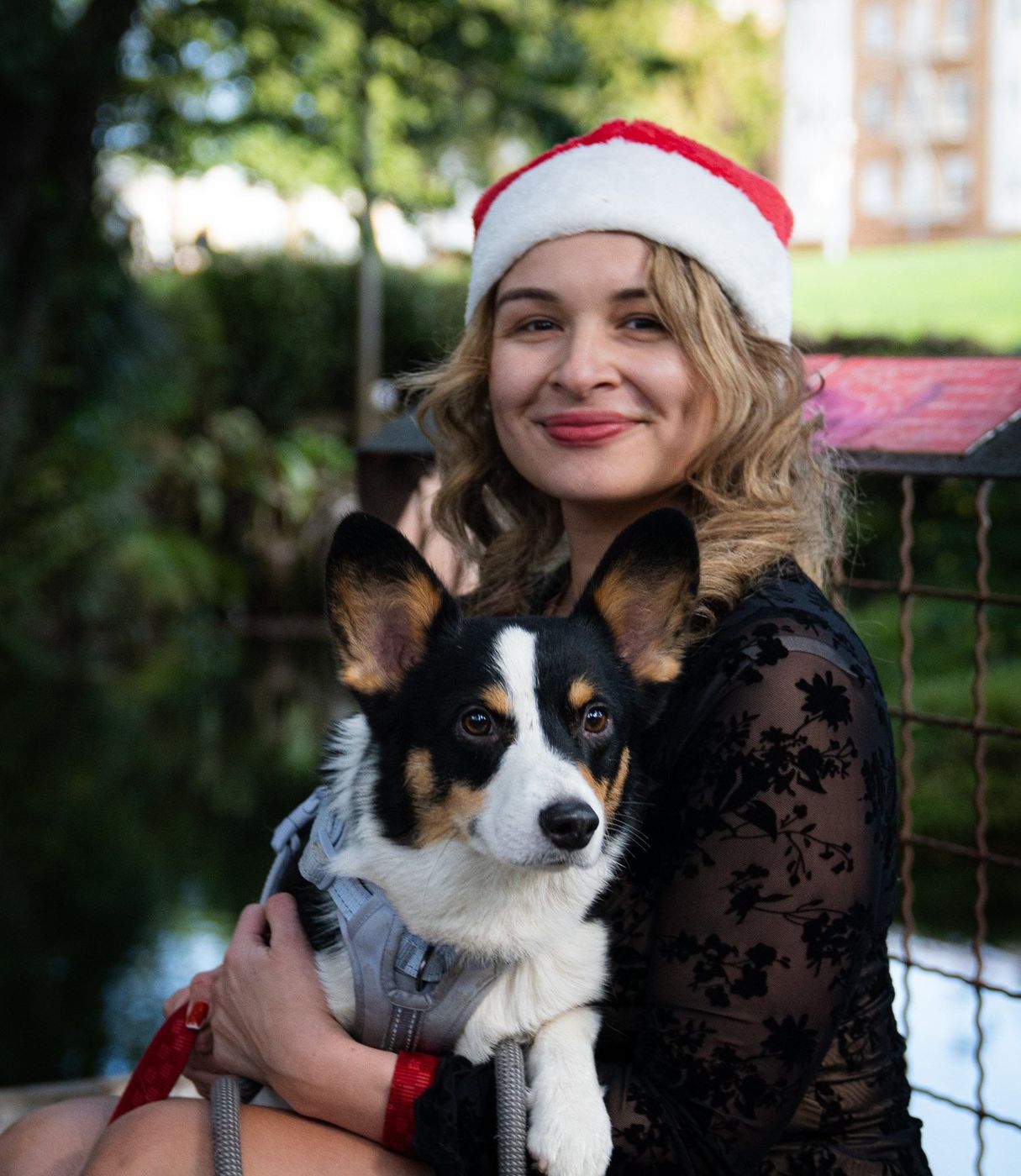 Close portrait of the woman holding one of her corgis