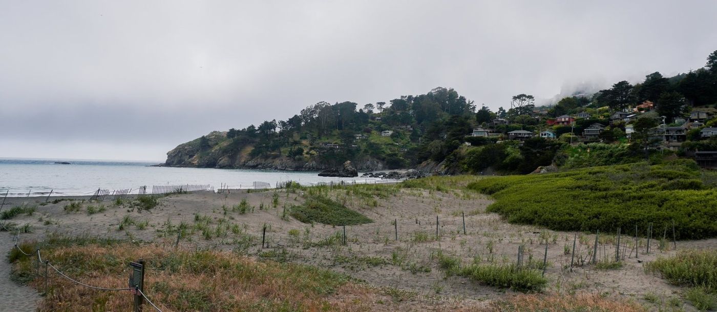 Wide view of the Muir Beach cove with hillside homes and dune grass in the foreground
