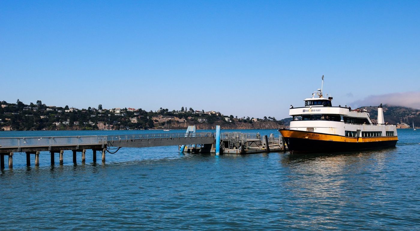 A ferry docked at the Sausalito waterfront